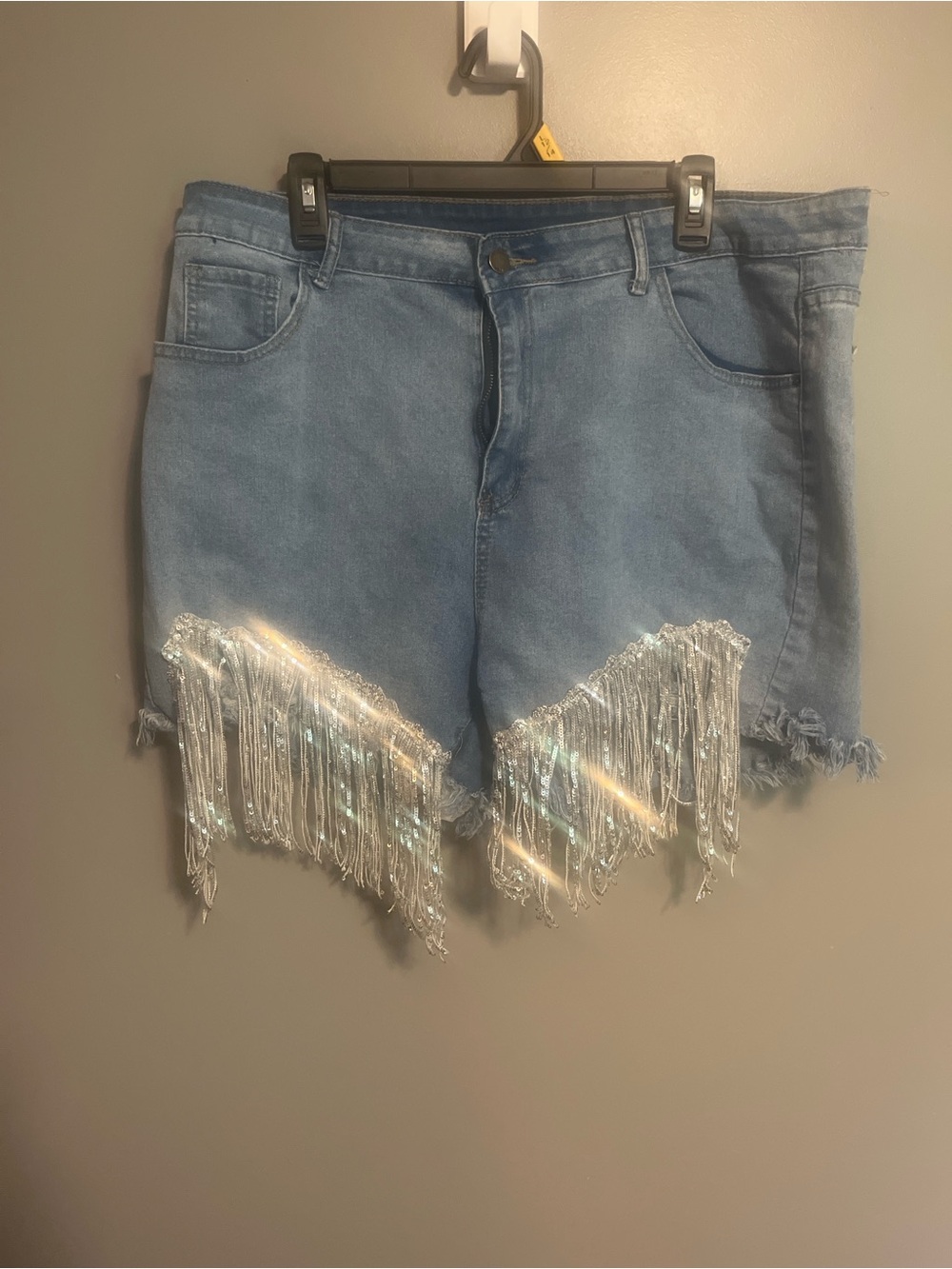 Women's Blue Denim Shorts with Silver Fringe